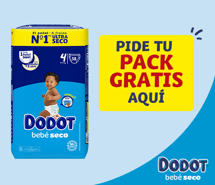 A la izquierda imágen paquete de pañales Dodod bebé seco, el pañal nº1 ultra seco. A la derecha texto: Pide tu pack gratis aquí