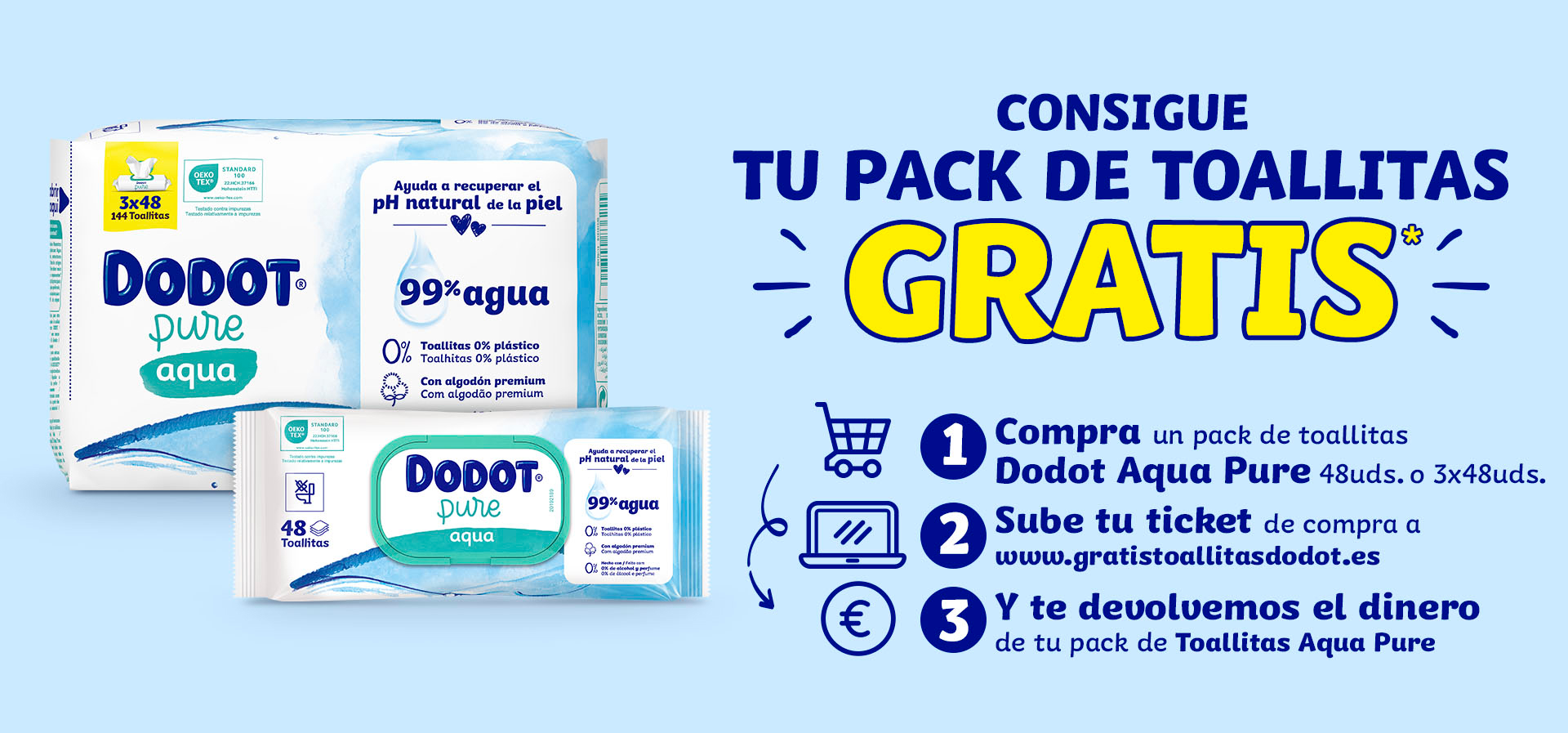 A la izquierda imagen de pañales dodot pure agua y toallitas pure agua. A la derecha texto: Consigue tu pack de toallitas gratis. 1 Compra un pack de toallitas Dodot Aqua Pure 48uds. o 3x48uds. 2 Sube tu ticket de compra a www.gratistoallitasdodot.es. 3 Y te devolvemos el dinero de tu pack de Toallitas Aqua Pure