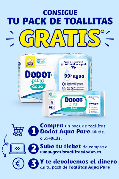 A la izquierda imagen de pañales dodot pure agua y toallitas pure agua. A la derecha texto: Consigue tu pack de toallitas gratis. 1 Compra un pack de toallitas Dodot Aqua Pure 48uds. o 3x48uds. 2 Sube tu ticket de compra a www.gratistoallitasdodot.es. 3 Y te devolvemos el dinero de tu pack de Toallitas Aqua Pure